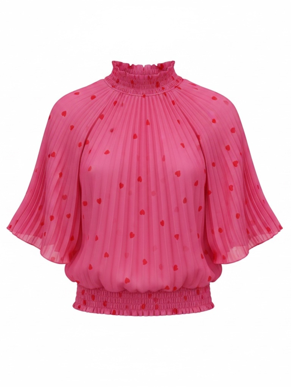 glam Hot Pink Pleated Blouse with Smocked Neck
